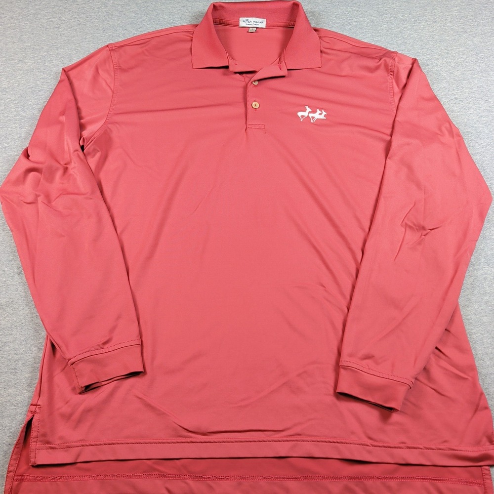 Peter Millar Summer Comfort Long Sleeve Polo Mens L Coral Red 3 Antelope Logo